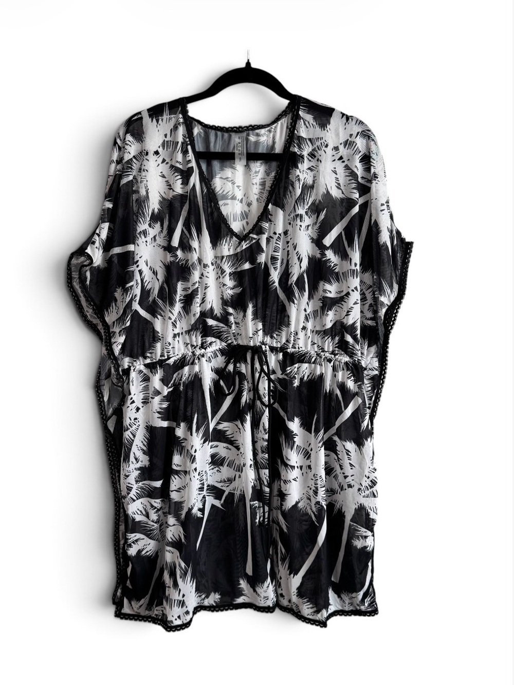 Black and White Palm Tree Print Sheer Swim Cover-Up Kaftan Size 4XL